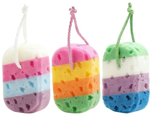 BAZEITFLOW 4 Piezas Esponjas de Baño Exfoliantes Suaves 3 Piezas Diseño Panal, Esponja Corporal Espumosa para Limpieza Profunda y Masaje, Colores Surtidos para Ducha y Cuidado Personal
