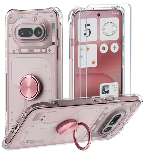 STARRYNOVA Fodral ringhållare kompatibel med Nothing Phone 4a, kristallklart mobiltelefonfodral silikon fyra hörn anti-fall TPU fodral 360 graders stativ skyddsfodral – roséguld ring