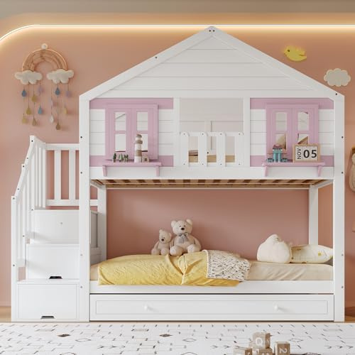 Merax Kinder Etagenbett 90x200 cm mit Treppe, Doppelstockbett mit Rollbett & Kleiderstange, Hausbett Design, Kinderbett mit Lattenrost, Massivholz Kiefer + MDF, Weiß + Rosa,ohne Matratze