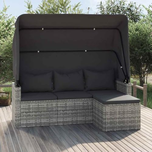HUAKEHOM Gartensofa 3 Sitzer Sofa mit faltbaren Dach Couch mit Fußhocker Relaxsofa Dreisitzer Terrassensofa Gartenmöbel Grau Poly Rattan