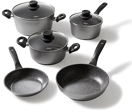 STONELINE Topfset Induktion, 8-teiliges Topfset mit Deckel, Kochtopf Set beschichtet mit echten Steinpartikeln, Aluguss Töpfe und Pfannen geeignet für alle Herdarten
