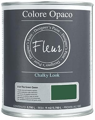 FLEUR DESIGNER'S PAINT | Pittura Chalk Paint Opaca, 750 ml, Senza Carteggiare, Multisuperficie, Colore F54 The Green Queen, Effetto Gesso, Per Pareti e Mobili, Extra Opaco, Ad Acqua, Made in Italy