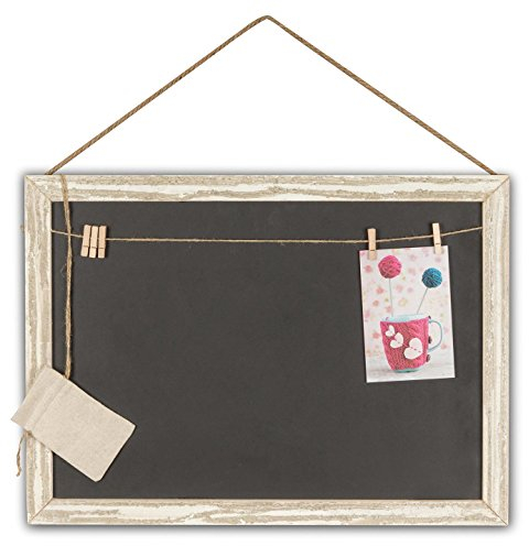 levandeo Memotafel Memoboard 55x40cm Tafel Wandtafel aus Holz in weiß gewischt mit Klammern & Kordeln zum Hängen - Landhaus Vintage Shabby Kreide Kreidetafel Küchentafel Wäscheklammer