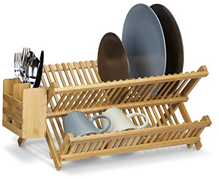 Relaxdays Abtropfgestell CROSS mit Besteckkorb HBT 24 x 46 x 28 cm Abtropfgitter Bambus klappbar für große Teller und Tassen als Geschirr Abtropfkorb und Holz Geschirrkorb mit Bestecksammler, natur