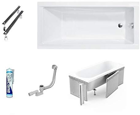ECOLAM® Badewanne Wanne Rechteck Modern Acryl weiß 140x70 cm + Styroporverkleidung 1.041 zum Verfliesen + Ablaufgarnitur Ab- und Überlauf Automatik Füße Silikon Komplett-Set
