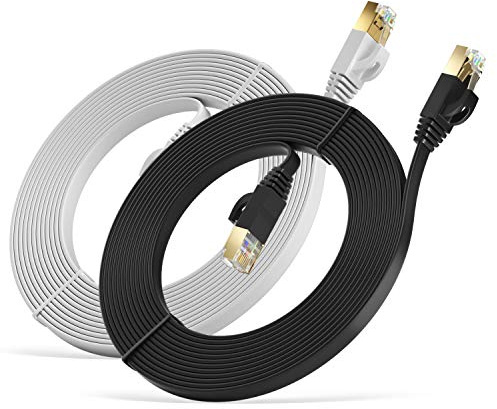 MutecPower 5m 2 Pack Cables de red Ethernet ULTRA PLANO CAT 7 con enchufes RJ45 Cable Delgado Patch LAN Latiguillo - Cables de 5 metros Negro y Blanco con bridas y clips
