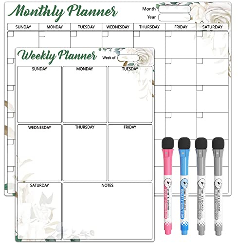 Sliandtelly 2 Piece Self-Adhesive Monthly Weekly Calendar for Wall | Stick to Non-magnetic Fridge Cupboard, Dry Erase Planning Board, for Home Kitchen Shopping List Family Organizer, 4 Pens
