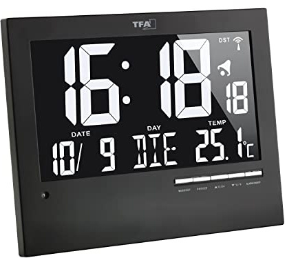 TFA Dostmann Digitale Funkuhr mit automatischer Hintergrundbeleuchtung, mit Innentemperatur, Datum, Wochentag (Schwarz mit Ersatzbatterien)