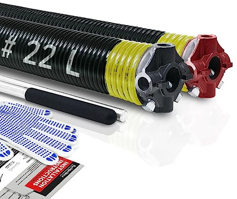 KaiMinDogz Pair of 2 Garage Door Torsion Springs Set with Non-Slip Winding Bar & Gloves,High Precision Electrophoresis Black Coated, for Replacement & Installation, MIN 16,000 Cycles (0.207x2''x22'')