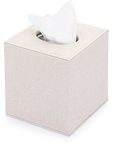 TOLIDA Taschentuchbox Quadratisch Würfel Kosmetiktücherbox PU Kunstleder Papiertaschentuchbox Leinen Beige Taschentuchhalter 13x13x14cm Tissue Box für Esszimmer Wohnzimmer Schlafzimmer Auto Büro Hotel