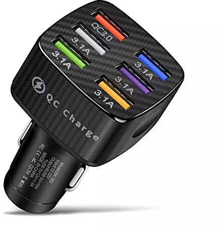 Chargeur de Voiture USB 6 Ports Multi-Protection, lumière LED, Charge Rapide 3.0 Adaptateur Allume-Cigare USB Prise Chargeur Multi-Prise pour iPhone,téléphones,Tablette,Banque d'alimentation,Samsung