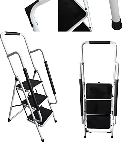 Escabeau en Acier à 3 Marche avec Main Courante, Charge 150 KG, Antidérapantes Marchepieds, Escabeau Pliable, Multi-Usage pour Ménage, Bureau, Magasins, Librairies (3 Marches)