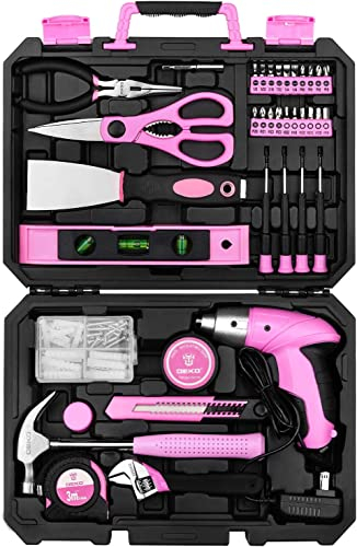 DEKO Cassetta Attrezzi Rosa 98 Pezzi, Dotata di Cacciavite Elettrico Wireless 3.6V, Set Completo di Manutenzione Domestica, Ufficio e Officina, Hardware e Kit Utensili Fai da Te