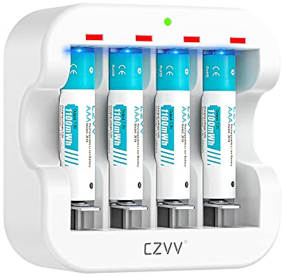 czvv AAA uppladdningsbara litiumbatterier 1,5 V - AA AAA-batteriladdare med 4 st litiumbatterier hög kapacitet 1 100 mWh - Ultra snabb 2 timmar - livslängd 10 år, 1 300 cykler för leksaker,