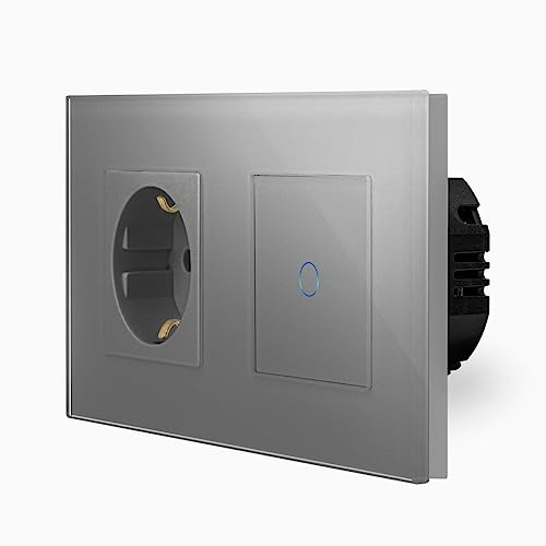 Luxus-Time POINT Touch Lichtschalter mit Schuko Steckdose für DE Unterputz inkl. Glasrahmen in Grau Wandschalter mit Schuko Stecker Touchblende Sensor Schalter Kindersicherung