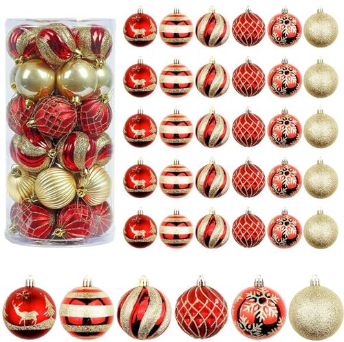 LATERN 30 Pièces Boules de Noël, 6CM Rouge et Or Ornements de Boule de Noël Boules à Suspendre Incassables pour l'arbre de Noëls Vacances Maison Noëls Faire la Fête Décoration (6 Styles)