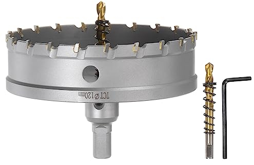 QUARKZMAN Lochsägen set 120 mm Hartmetall Bohrkrone, Dosenbohrer Hartmetallschneider mit 2 Zentrierbohrer & Sechskantschlüssel für Edelstahl Eisen Legierung Holz Kunststoff Kupfer Aluminum