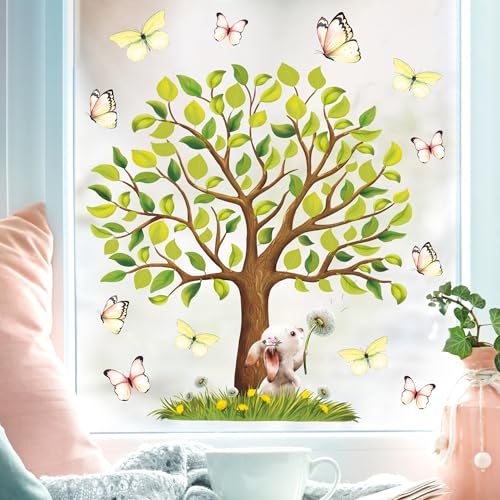 Fensterbild Frühling Ostern Baum Hase Pusteblume Schmetterlinge Fensterdeko Kinderzimmer Osterdeko Frühlingsdeko, 1. A4 Bogen