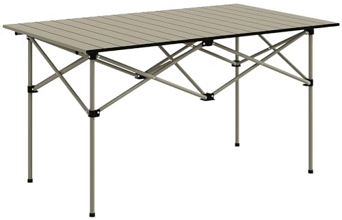 Outsunny Portable Camping Table, 3ft Lightweight Folding Aluminium Picnic Table with Roll Up Top, Carry Bag for Outdoor Camping, Picnic, Hiking, Cooking, BBQ, Fishing, Khaki