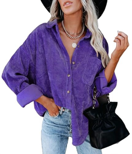 Chemise en velours côtelé à manches longues avec poches pour femme
