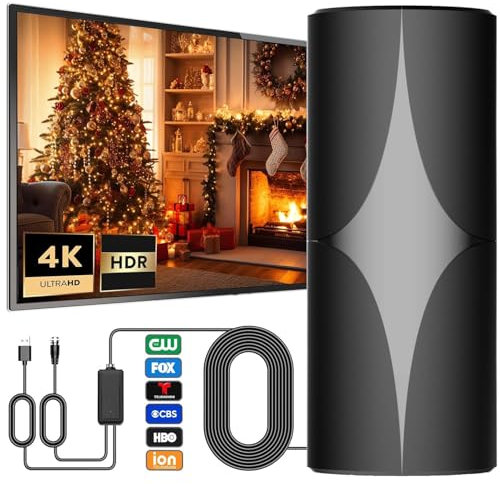 Antena de TV Mejorada 2024 - Interior/Exterior, Digital Con Rango de Más de 900 Millas, Canales Locales de Recepción de 360°, Soporta 4K 1080p Para Smart TV