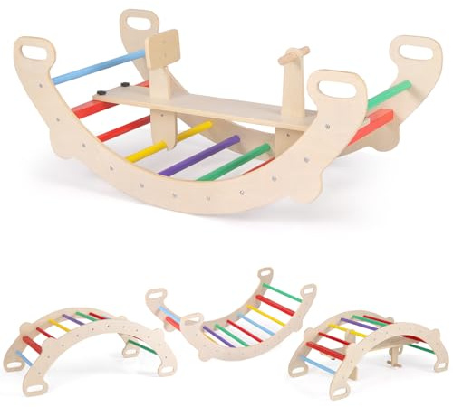 HOMASIS Arco da Arrampicata per Bambini, Cavallo a Dondolo per Bambini in Legno, Parco Giocattolo Educativo da Interno per Bambini da 1+ Anni (Colorato)