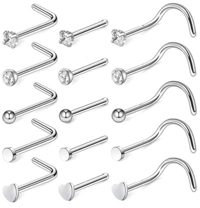 BNREOZA 15 pièces en argent, piercing pour le nez, anneau nasal en acier chirurgical 316L, piercing pour le nez, clou de nez en zircone cubique synthétique pour hommes et femmes (argent)