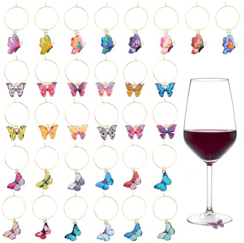 PLIGREAT 32 pcs verre à vin breloques verres à vin marqueurs papillon coloré verre à vin étiquettes pour verres à pied verre à vin identifiant breloques pour dégustation de vin cotillons décor