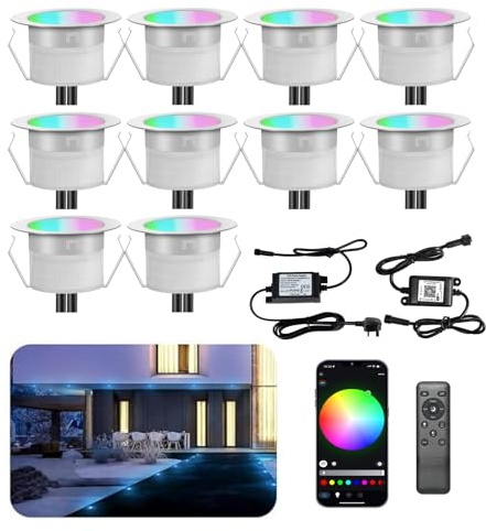 INDARUN RGBW WiFi Led Decking Lights Waterproof IP67 Ø31MM 12V - Led Plinth Light Kits for Terrace/Patio/Path/Wall/Garden/Indoor Outdoor Decor, 10 Packs