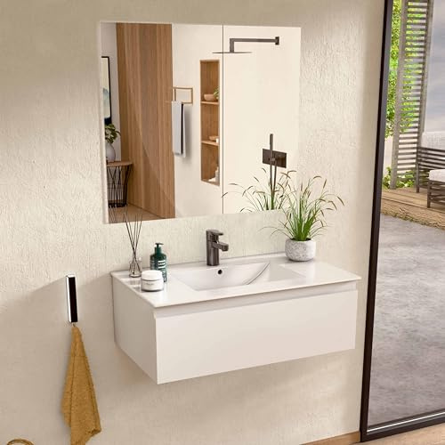 BELLOBATH Mueble Baño Suspendido 80 cm Blanco, Encimera y Espejo