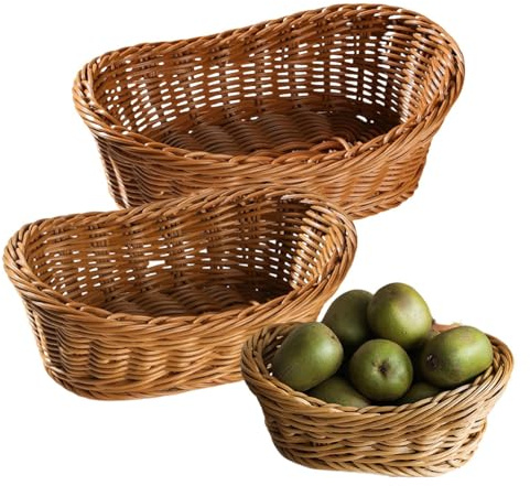 Panier en osier naturel - Lot de 3 paniers de rangement alimentaire et de service - Basket imitation rotin pour pain, fruits, légumes, serviettes - Idéal pour la cuisine, les restaurants, les cafés