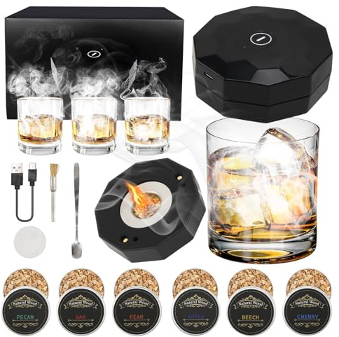 Elektrischer Cocktail Whiskey Raucher Set,Wiederaufladbare elektrische Cocktail Smoker Kit mit 6 Aromen Holzspäne Fashioned Drink Smokers Infuser Set für Männer Geburtstag Vatertag Ehemann Papa