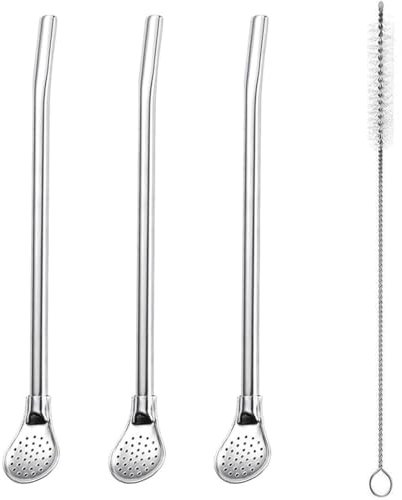 ZUWIJEQ 3 Pcs Yerba Mate Bombilla Pailles en acier inoxydable avec cuillère filtrante, pailles à thé détachables, réutilisables pour thé en vrac, café, boissons, avec 1 brosses de nettoyage