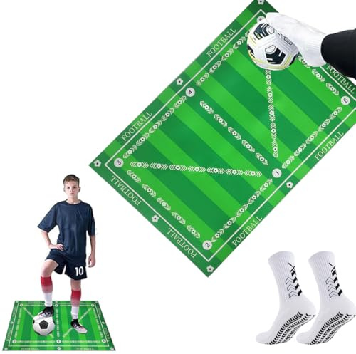 Ruayia Fußball Trainingsmatte, 60x90 CM Fußballmatte mit 1Paar*Fußballsocken, Fußball Schritt Trainingsmatte, Stoßdämpfende Rutschfest, Ballkontrolle Trainingsmatte - Grün
