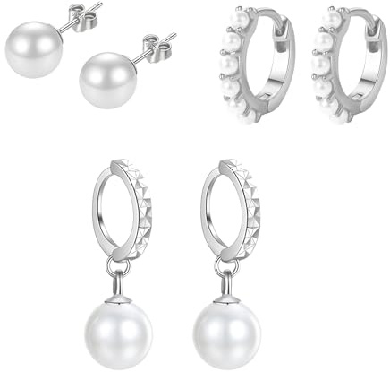 Hinvan 3 Paar Perlenohrringe Silber 925 Süßwasserperlen Ohrringe Perlenohrstecker Klein Perlen Ohrringe Damen Creolen Ohrstecker Perlen Damen Set Hängend Silber