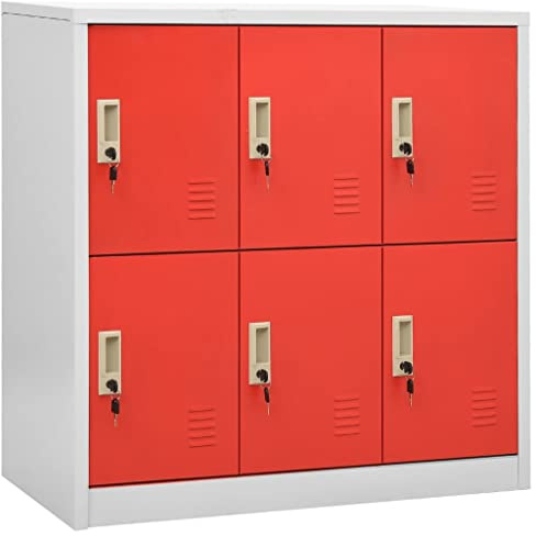 Qnhdfrt Schließfachschrank aus Stahl mit 6 abschließbaren Fächern Aufbewahrung Metallschrank 90x45x92,5 cm Hellgrau Rot Modernes Design für Büro Schule und Haushalt