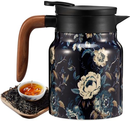 Vintage Floral Teapot,Teapot with Infuser Thermal Carafe for Hot Drinks,Built-in Infuser, Stainless Steel Thermal Jug with Lid for Home Office (Blue and White)