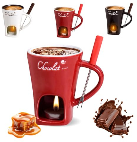 Chocolate Fondue Mug with Forks, 200ml Chocolate Fondue Melting Cup,Ceramic Chocolates Melting Cups Set,Melting Chocolates Love Cup for for Hot Chocolate,Cheese, Dip, Birthday Gift(Red)