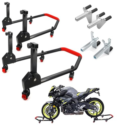 Area1 Motorradständer Set, Hinten & Vorne - 360 Grad drehbar auf Rollen - inkl. 2 Adapter für Diverse Motorräder, bis 300kg, hohe Stabilität und Festigkeit Schwingenadapter Motorradheber (Set3)