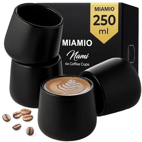 MIAMIO - Lot de 4 tasses en céramique (250 ml) / Tasses en céramique sans anse/Mugs à café, tasses à café, tasses à cappuccino (Noir)