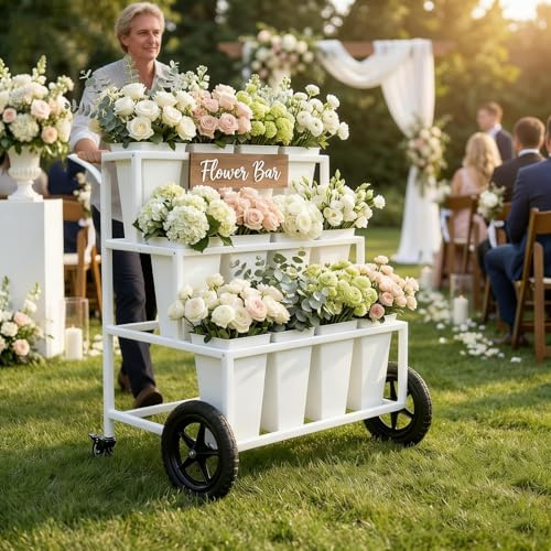 VITNSVILE Mobile Metal Flower Plant Stand, 360° Rolling Flower Display Stand for Indoor Outdoor, Space Saving Flower Bar Stand for Patio, Garden Event White, Black, Gold (White)