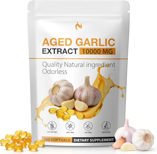 MOSRAY Aged Garlic Extract Capsules - 10,000mg High Potency Odorless Garlic Supplements for Heart & Immune Support, Antioxidant - 2 Years Matured Garlic Capsules Non-GMO, Gluten-Free, 300 Softgels