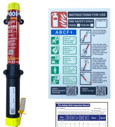 FSS100-PRO3 Fire Safety Stick (Non-domestic Fire Extinguisher A, B, C, F & Electrical -100sec Discharge - Light & Compact, No Residue, Non-pressurised, 15yr life. With glow-in-the-dark sign)
