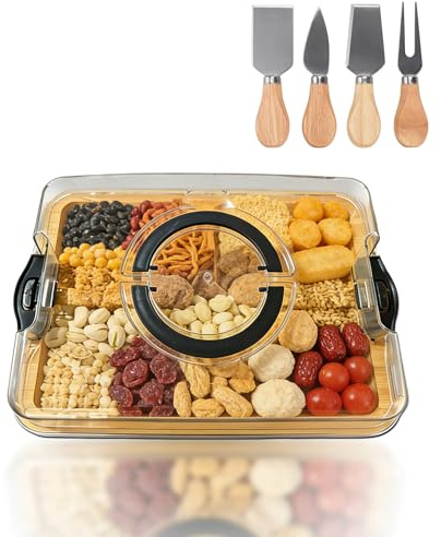 Ostbräda med lock, serveringsfat med fack och handtag, ostplattor set av bambu, inkl. 4 knivar, charcuterie board, serveringsbricka, snackbräda för fest och resor, 35,5 x 25 x 6,5 cm