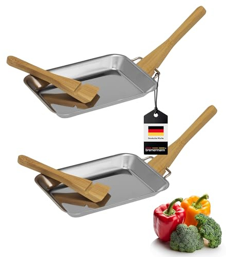 bremermann Grillpfanne inkl. Bambus-Schabern, 6-teiliges BBQ-Set bestehend aus 2x Edelstahl Pfännchen und 4x Bambus-Schabern, perfekt geeignet für den Grill, Backofen oder Plancha