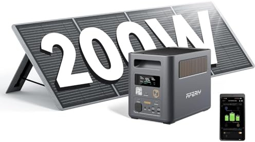 AFERIY P180 Pro Générateur Électrique Portable 1800W avec Panneau Solaire Pliable 200W, Batterie Nomade 1024Wh Extensible à 5120Wh, Recharge de 0-80% en 36Min, pour Domestique/Camping/Panne de Courant