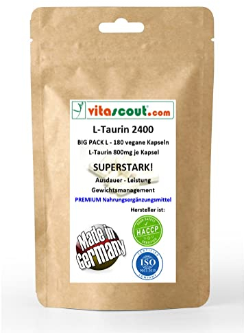 L-Taurin 2400 II, 180 Kapseln, Hochdosiert mit 800 mg je Kapsel, Vegan, Ohne Magnesiumstearat