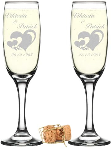 2 Sektgläser mit Gravur Geschenkidee - Hochzeitstag für Partner zum Jahrestag - Sektglas mit Namen und Datum zur Hochzeit für den Brauttisch oder als Geldgeschenk