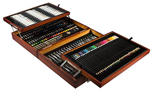 Mont Marte Premium Malset Deluxe – 174-teilig – Malkoffer aus Holz mit essenziellen Malmedien – Acryl-, Aquarell-, Öl-, Pastellfarben, Stifte, Pinsel