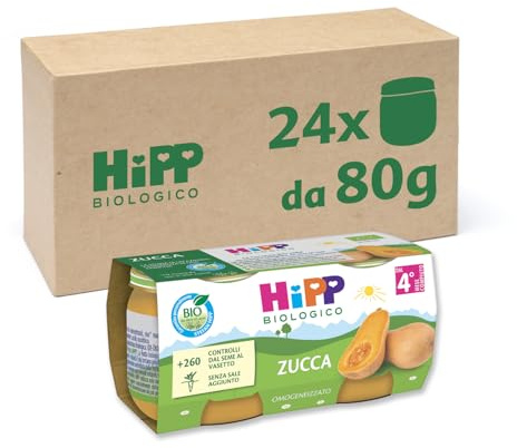 HiPP - Omogeneizzato di Verdure Biologico per Neonati, Gusto Zucca, Senza glutine, Senza Sali e Aromi Aggiunti, 24 Vasetti da 80 g